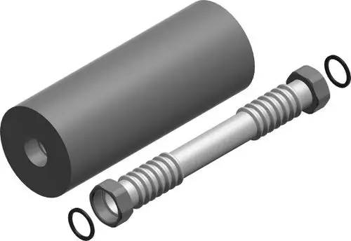 Metallteil von Bosch, bestehend aus einem zylindrischen Element und einem gewindeten Bolzen, beide mit O-Ringen, dargestellt auf weißem Hintergrund.